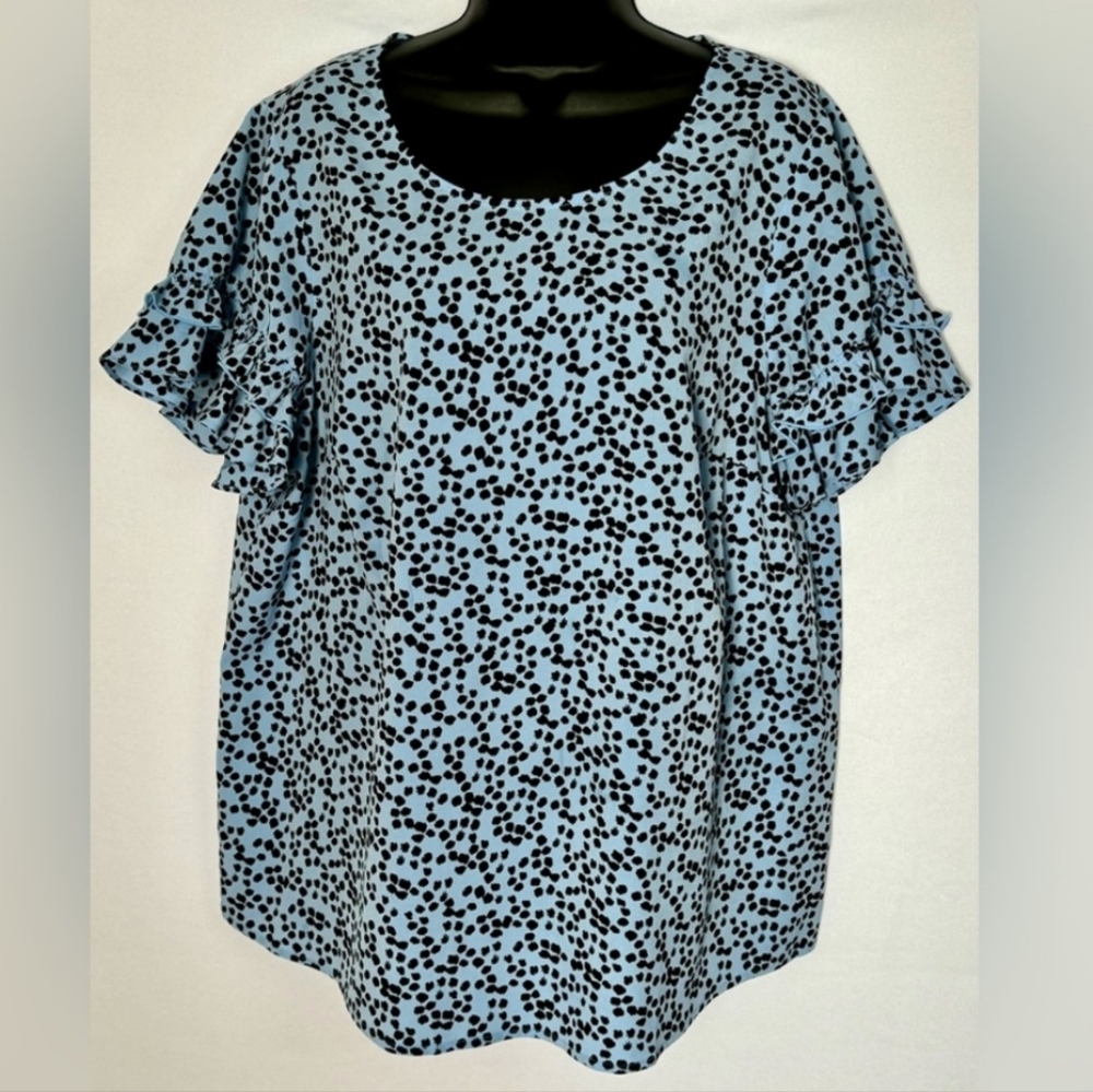 NEW Lane Bryant 16W Crew Neck Flutter Sleeve Top Blue Cheetah AB-1920